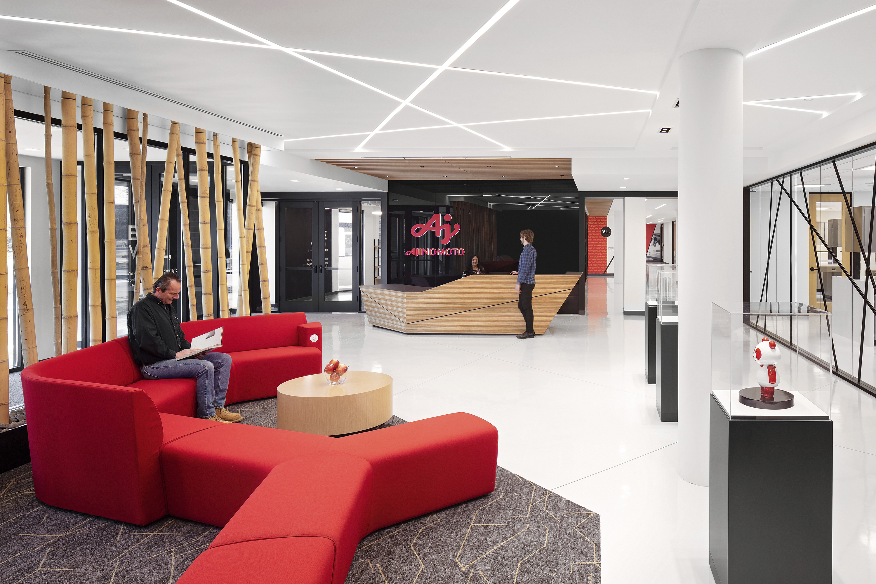 This undated photo provided by Ajinomoto Health & Nutrition shows the lobby at Ajinomoto Health & Nutrition in Itasca, Ill.  Francine Yoon, a 24-year-old food scientist at Ajinomoto Health and Nutrition NA  has been working mostly in person since the pandemic, including at her current job that she started last fall.