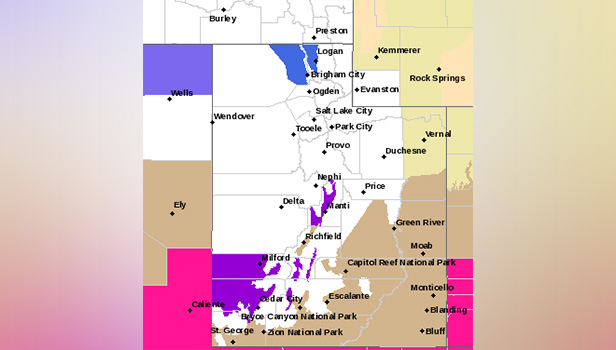 Large parts of Utah saw high winds Sunday. This map shows the different advisories across the state. Brown indicates a wind advisory, purple a hard freeze warning, and blue a hard freeze watch.