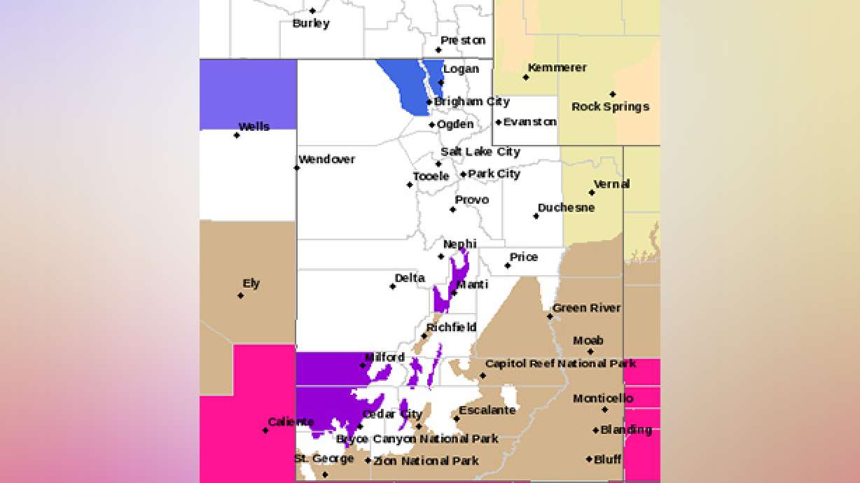 Large parts of Utah saw high winds Sunday. This map shows the different advisories across the state. Brown indicates a wind advisory, purple a hard freeze warning, and blue a hard freeze watch.