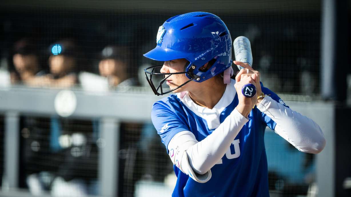 BYU outfielder Violet Zavodnik steps up to the plate against Santa Clara, April 29, 2022 at Gail Miller Field in Provo.