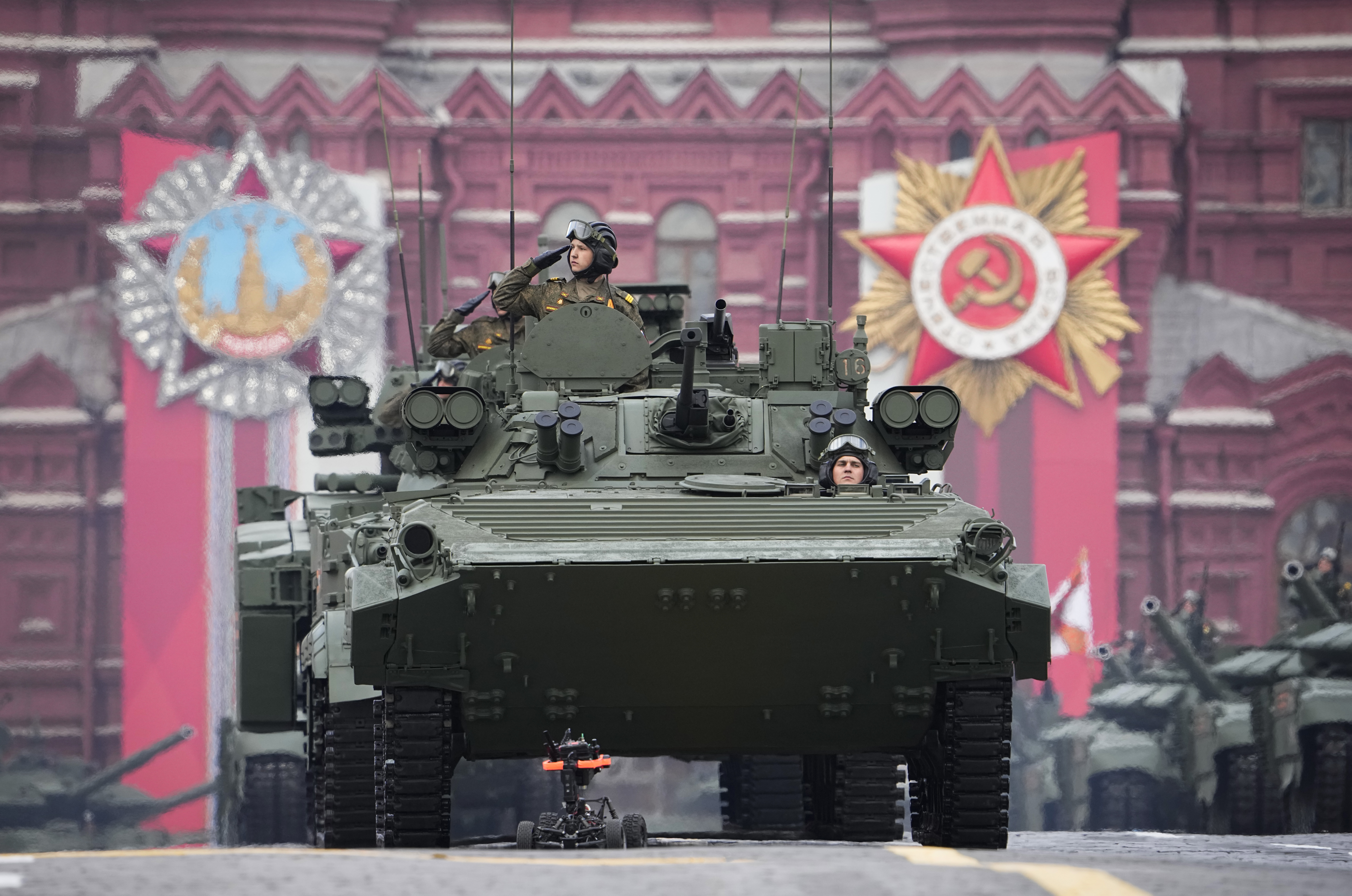 Russian military vehicles roll during the Victory Day military parade in Moscow, Russia, Monday, marking the 77th anniversary of the end of World War II.