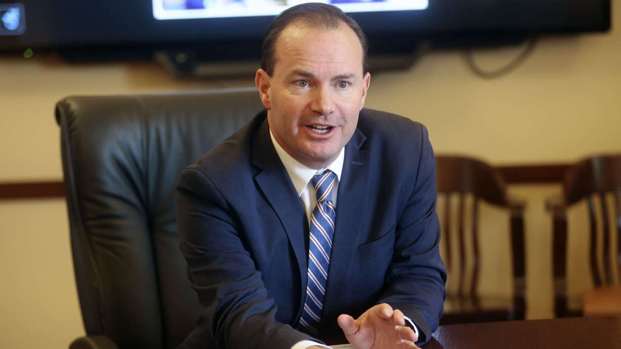 Sen. Mike Lee, R-Utah, meets at the Capitol in Salt Lake City on Feb. 22. Lee and four Republican colleagues are calling for a new TV rating so parents can block their children from watching programs with “disturbing content,” including LGBTQ characters.