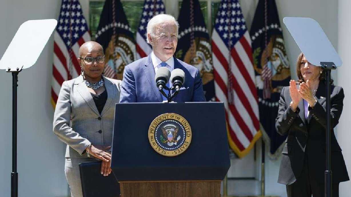 Vice President Kamala Harris applauds as President Joe Biden speaks at an event on lowering the cost of high-speed internet in the Rose Garden of the White House, Monday in Washington.