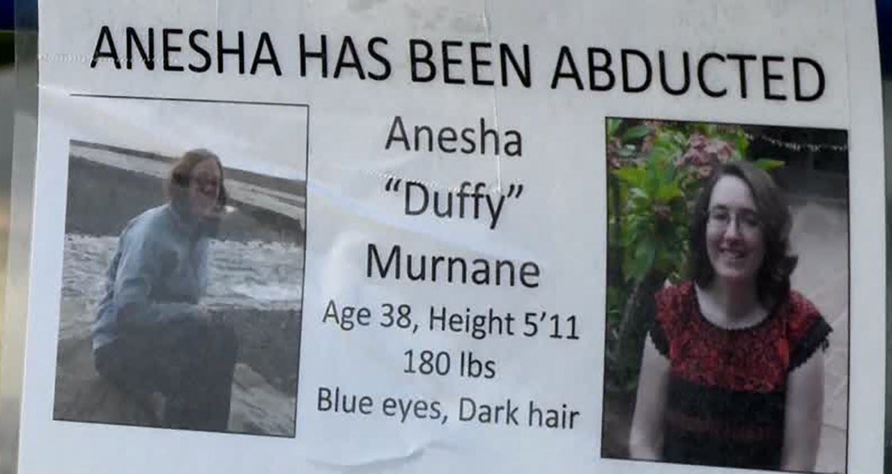 A flier shows Anesha "Duffy" Murnane, who was missing in Alaska. An Ogden man was arrested in connection to the case.