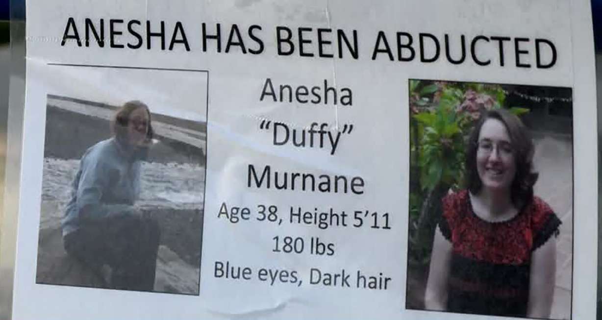 A flier shows Anesha "Duffy" Murnane, who was missing in Alaska. An Ogden man was arrested in connection to the case.