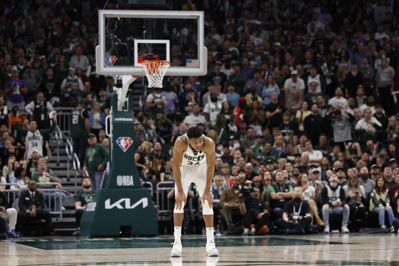 FILE PHOTO: May 7, 2022; Milwaukee, Wisconsin, USA; Milwaukee Bucks forward Giannis Antetokounmpo (34) rests between plays during the fourth quarter against the Boston Celtics during game three of the second round for the 2022 NBA playoffs at Fiserv Forum.
