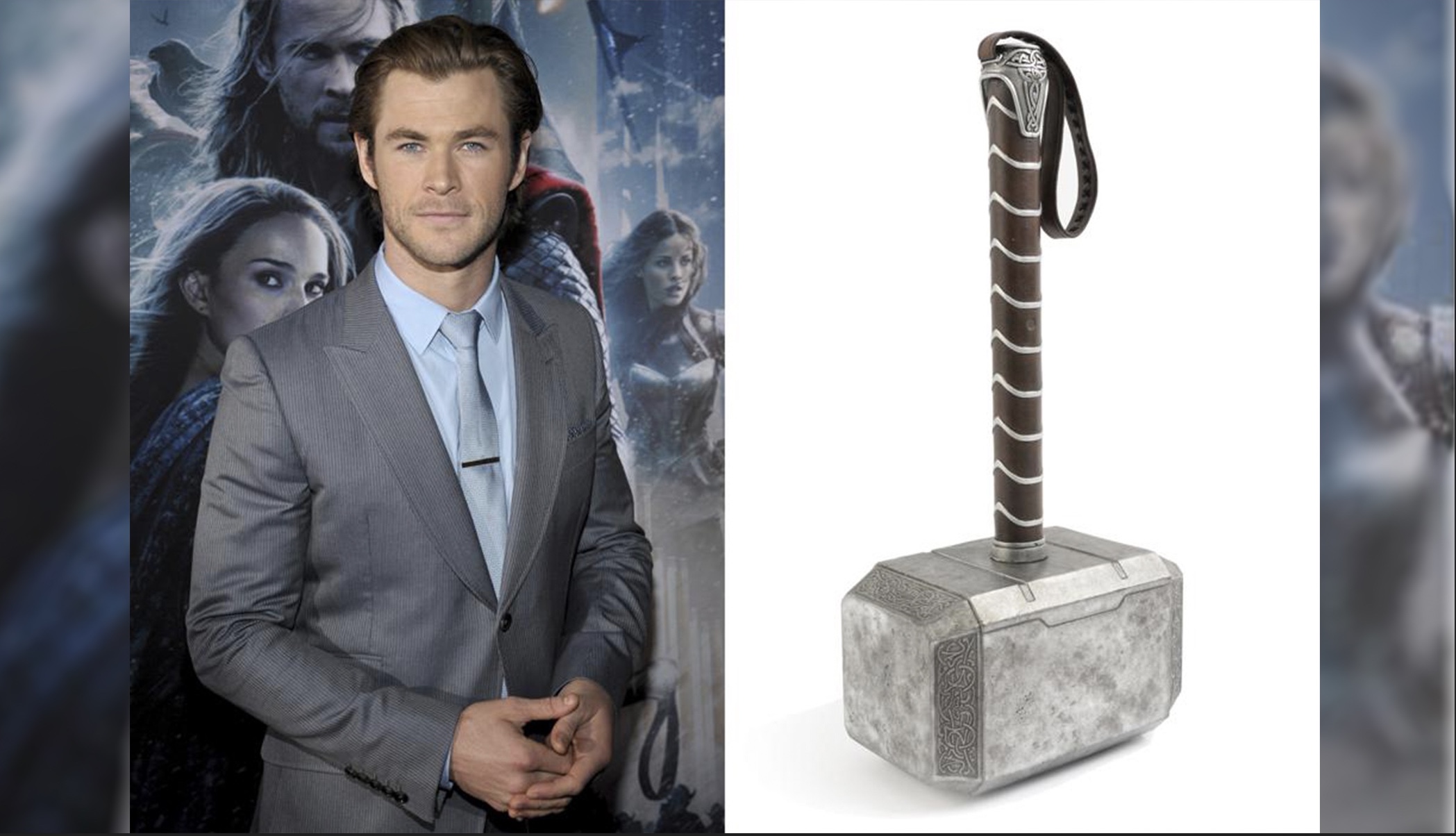 This combination photo shows actor Chris Hemsworth at the U.S. premiere of his film "Thor: The Dark World" in Los Angeles on Nov. 4, 2013, left, and a photo of the hammer from the film which will be going up for action July 15 through July 17 at Julien’s Auctions.