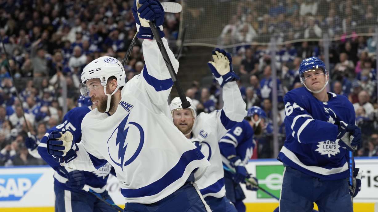 Tampa Bay Lightning defenseman Victor Hedman (77) celebrates his goal against the Toronto Maple Leafs with center Steven Stamkos (91) during the first period of Game 2 of an NHL hockey Stanley Cup playoffs first-round series Wednesday, May 4, 2022, in Toronto.
