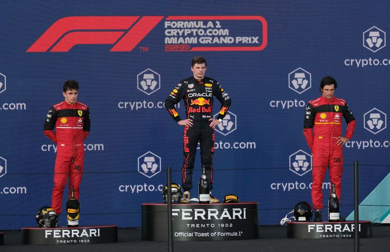 FILE PHOTO: Formula One F1 - Miami Grand Prix - Miami International Autodrome, Miami, Florida, U.S. - May 8, 2022  Red Bull's Max Verstappen celebrates on the podium after winning the Miami Grand Prix with second placed Ferrari's Charles Leclerc and third placed Ferrari's Carlos Sainz Jr.