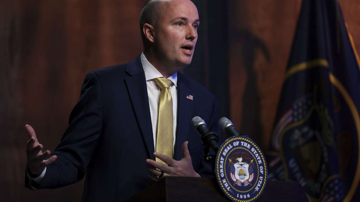 Gov. Spencer Cox speaks during his monthly news conference at PBS Utah at the Eccles Broadcast Center in Salt Lake City on April 21. Cox, during a keynote speech at the One Utah Spring Summit Tuesday, discussed good and bad things taking place in Utah, and why increasing government regulations isn't the best way forward for the state.