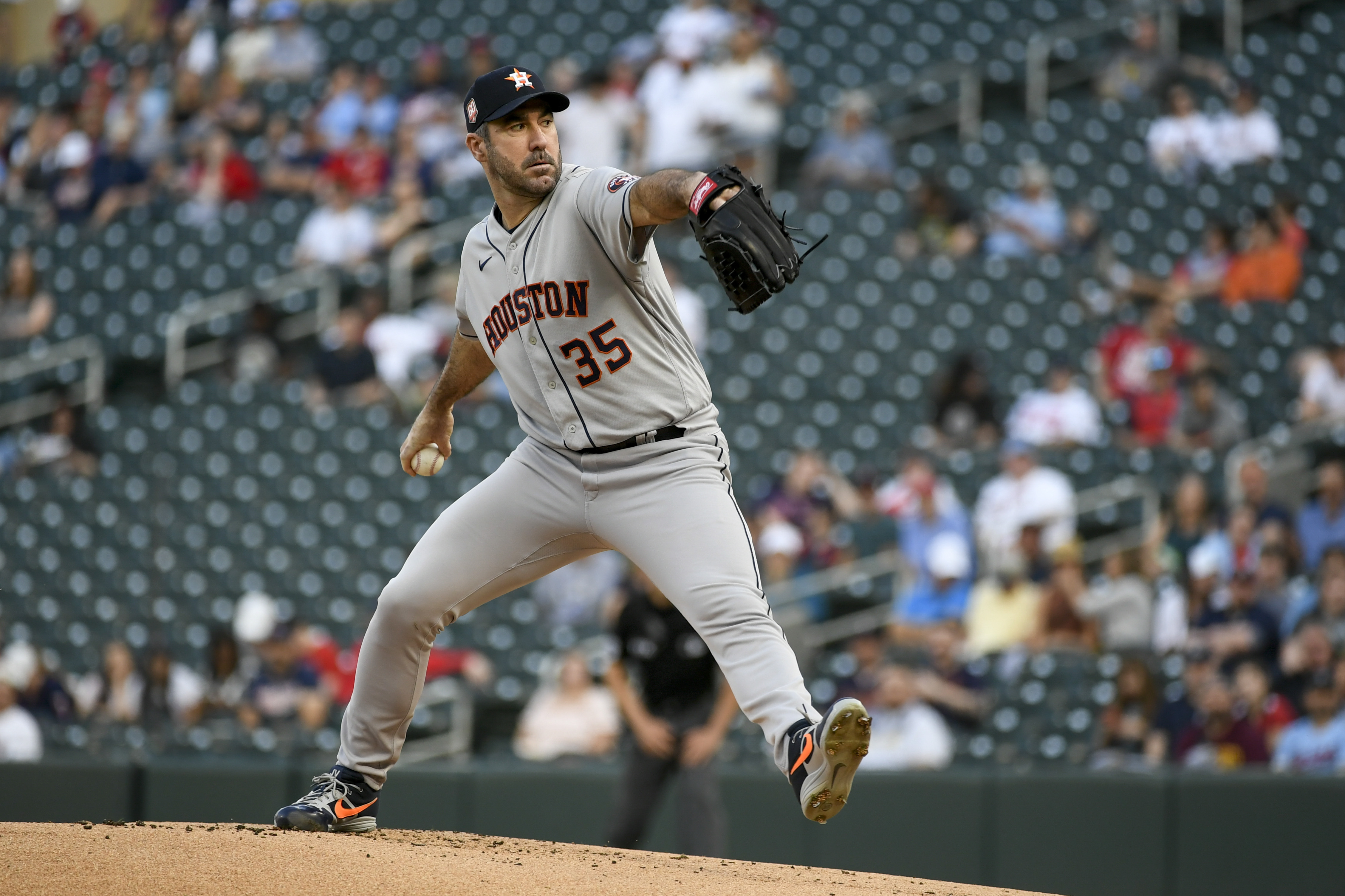 Houston Astros pitcher Justin Verlander throws against the Minnesota Twins during the first inning of a baseball game, Tuesday, May 10, 2022, in Minneapolis. 