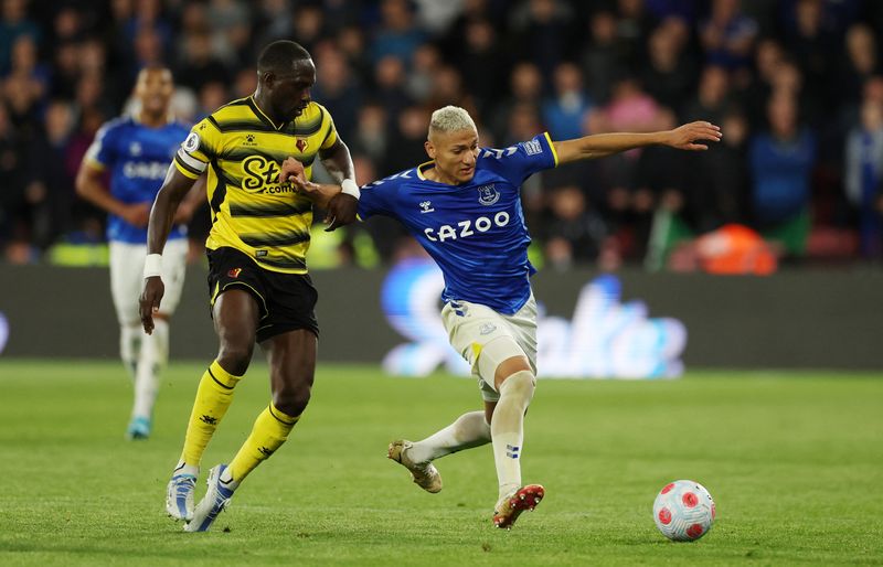 Soccer Football - Premier League - Watford v Everton - Vicarage Road, Watford, Britain - May 11, 2022 Everton's Richarlison in action with Watford's Moussa Sissoko Action Images via Reuters/Matthew Childs