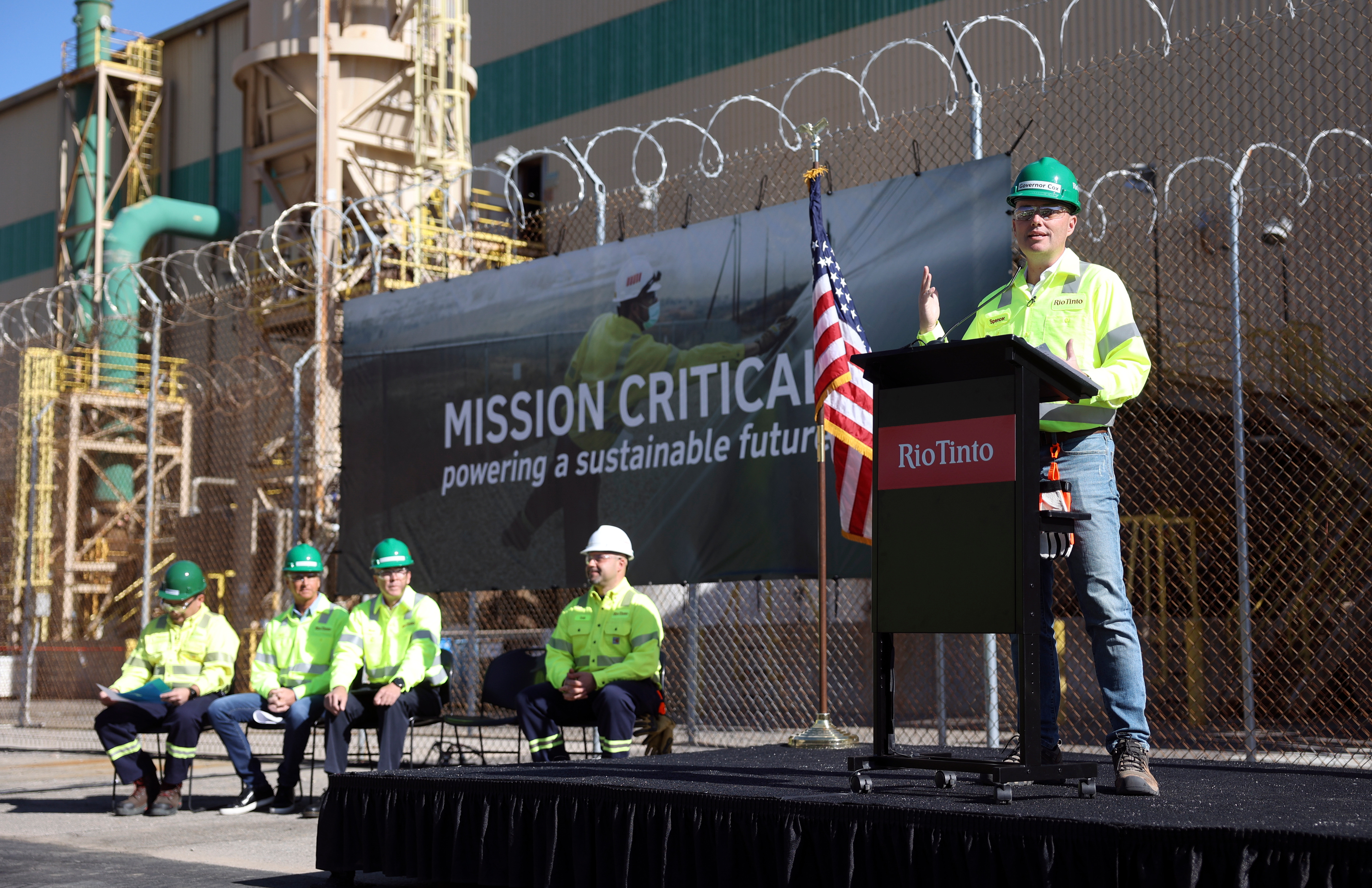 Gov. Spencer Cox discusses the start of Kennecott’s production of tellurium at the Kennecott refinery in Magna on Wednesday. Tellurium is found in copper ore and is used in advanced thin film photovoltaic solar panels.