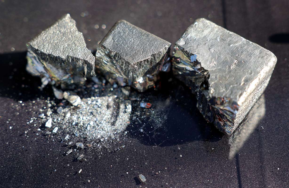 Refined tellurium is on display during a press conference on Wednesday, announcing the start of Kennecott’s production of tellurium in Magna. Tellurium is found in copper ore and is used in advanced thin film photovoltaic solar panels.