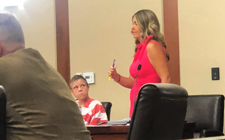 Defense attorney Lindsay Jarvis addresses court during a preliminary hearing on Monday for Julie Ann Budge, who is charged with two counts of automobile homicide after two cyclists in Washington City were struck and killed.