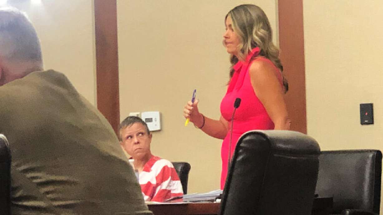 Defense attorney Lindsay Jarvis addresses court during a preliminary hearing on Monday for Julie Ann Budge, who is charged with two counts of automobile homicide after two cyclists in Washington City were struck and killed.