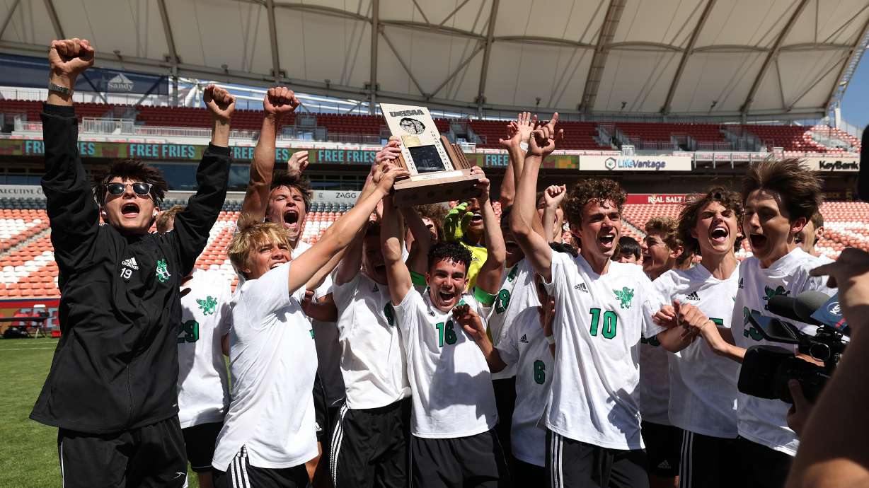 Rowland Hall celebrates its win over St. Joseph in the 2A boys state soccer championship at Rio Tinto Stadium in Sandy on Wednesday, May 11, 2022. Rowland Hall won 2-0.