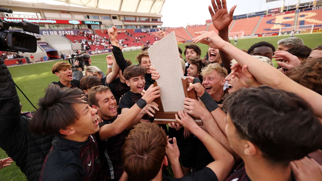 Layton Christian Academy celebrates their win over Real Salt Lake Academy play in the 3A boys state soccer championship at Rio Tinto Stadium in Sandy on Wednesday, May 11, 2022. Layton Christian won 4-0.