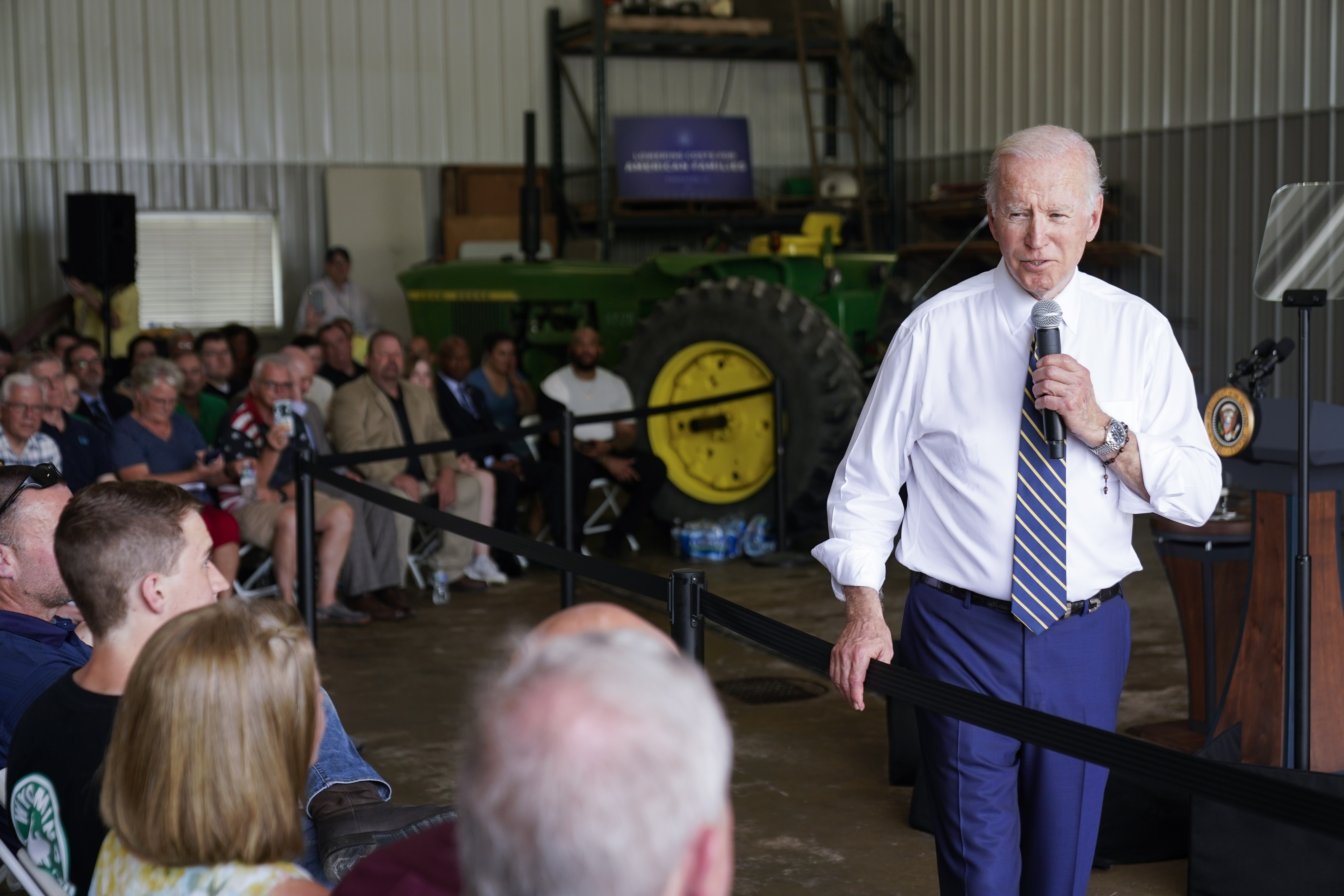 President Joe Biden speaks during a visit to O'Connor Farms, Wednesday, in Kankakee, Ill. Biden visited the farm to discuss food supply and prices as a result of Putin's invasion of Ukraine. President Joe Biden has appealed to world leaders for a renewed international commitment to attacking COVID-19 as he leads the U.S. in marking the "tragic milestone" of 1 million deaths in America.