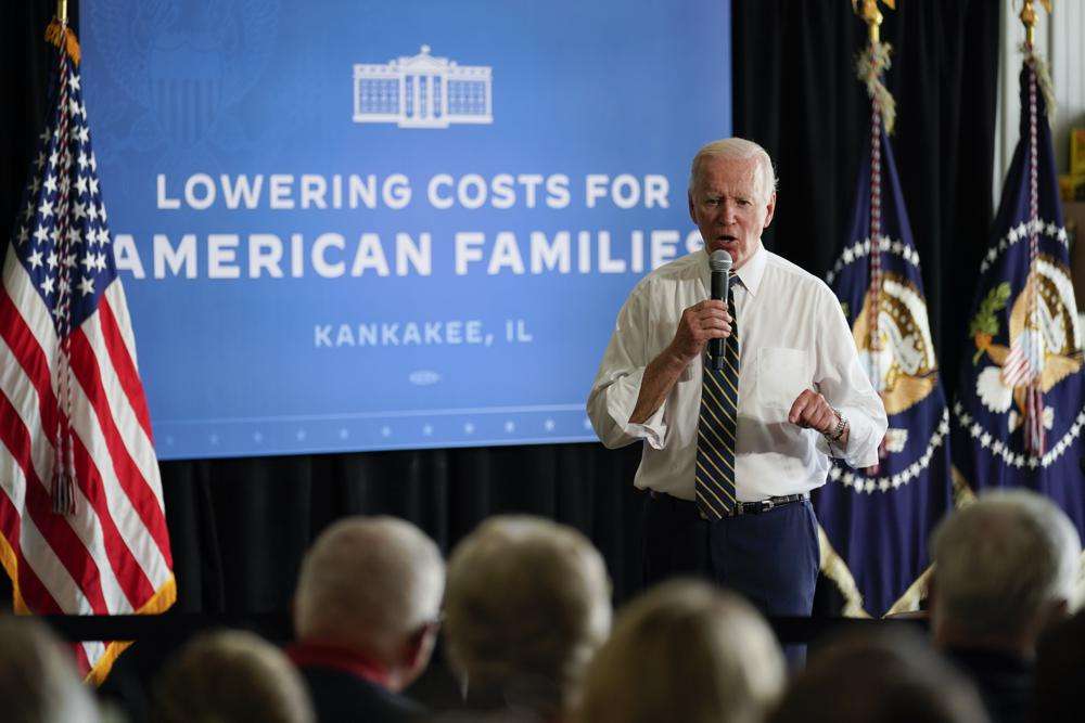 President Joe Biden speaks during a visit to O'Connor Farms, Wednesday, in Kankakee, Ill. Biden visited the farm to discuss food supply and prices as a result of Putin's invasion of Ukraine.