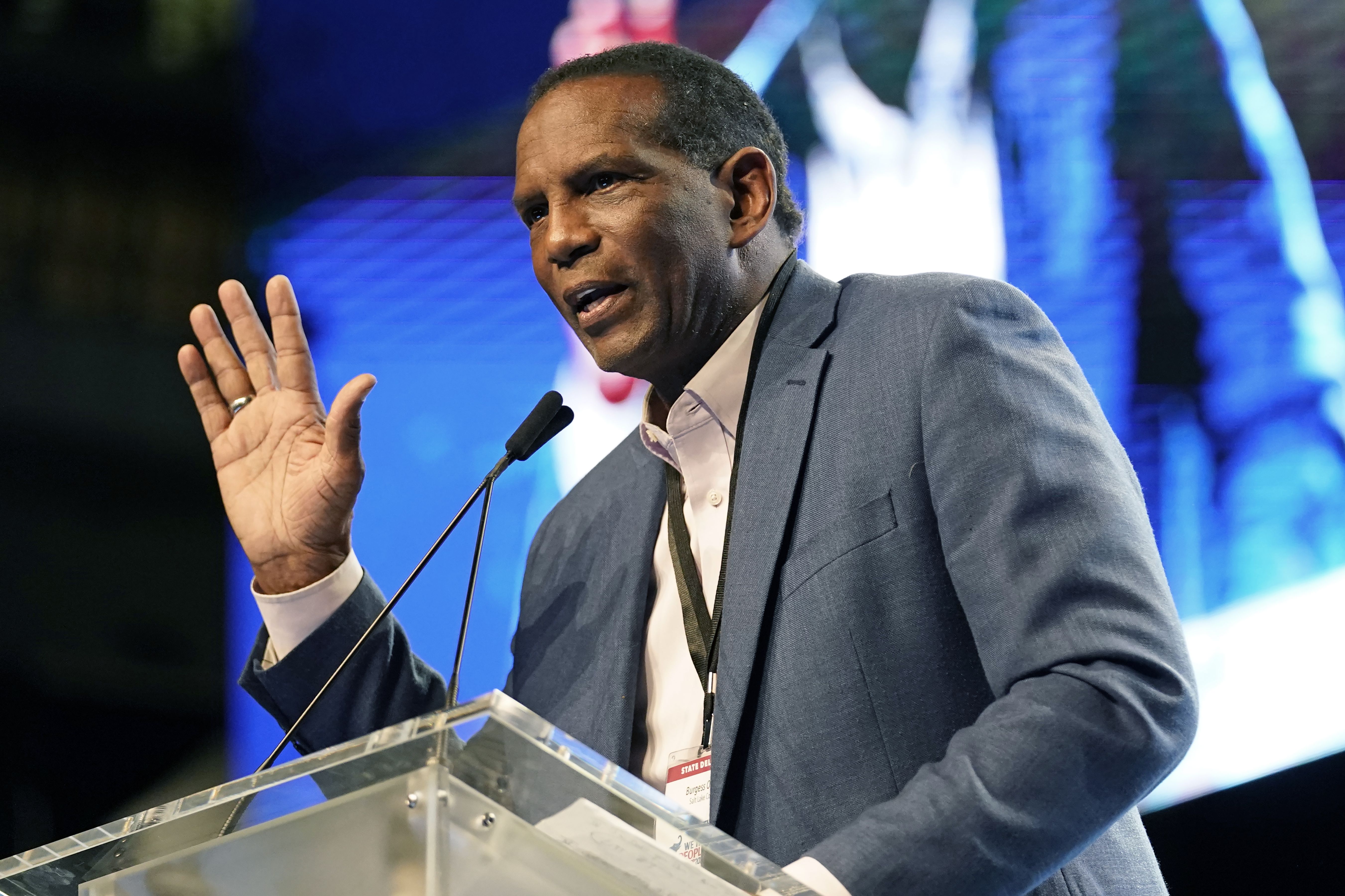 Rep. Burgess Owens addresses delegates attending the Utah Republican Party’s 2021 Organizing Convention on May 1, 2021, in West Valley City. Owens signed on to legislation to immediately defund the Department of Homeland Security’s Disinformation Governance Board, which he called a “political tool for so-called experts to referee free speech.”