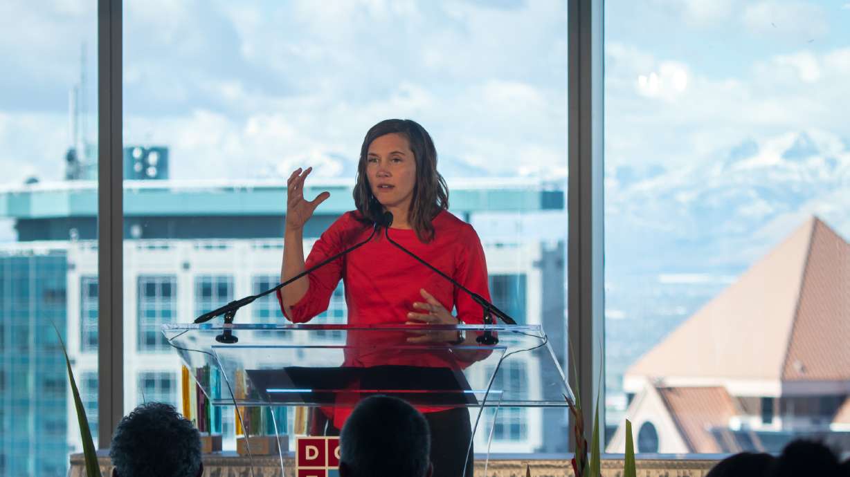 Salt Lake City Mayor Erin Mendenhall speaks at the "State of Downtown" ceremony at the 95 State building on May 12. The Salt Lake City Council on Tuesday approved the budget for the 2022-23 fiscal year.