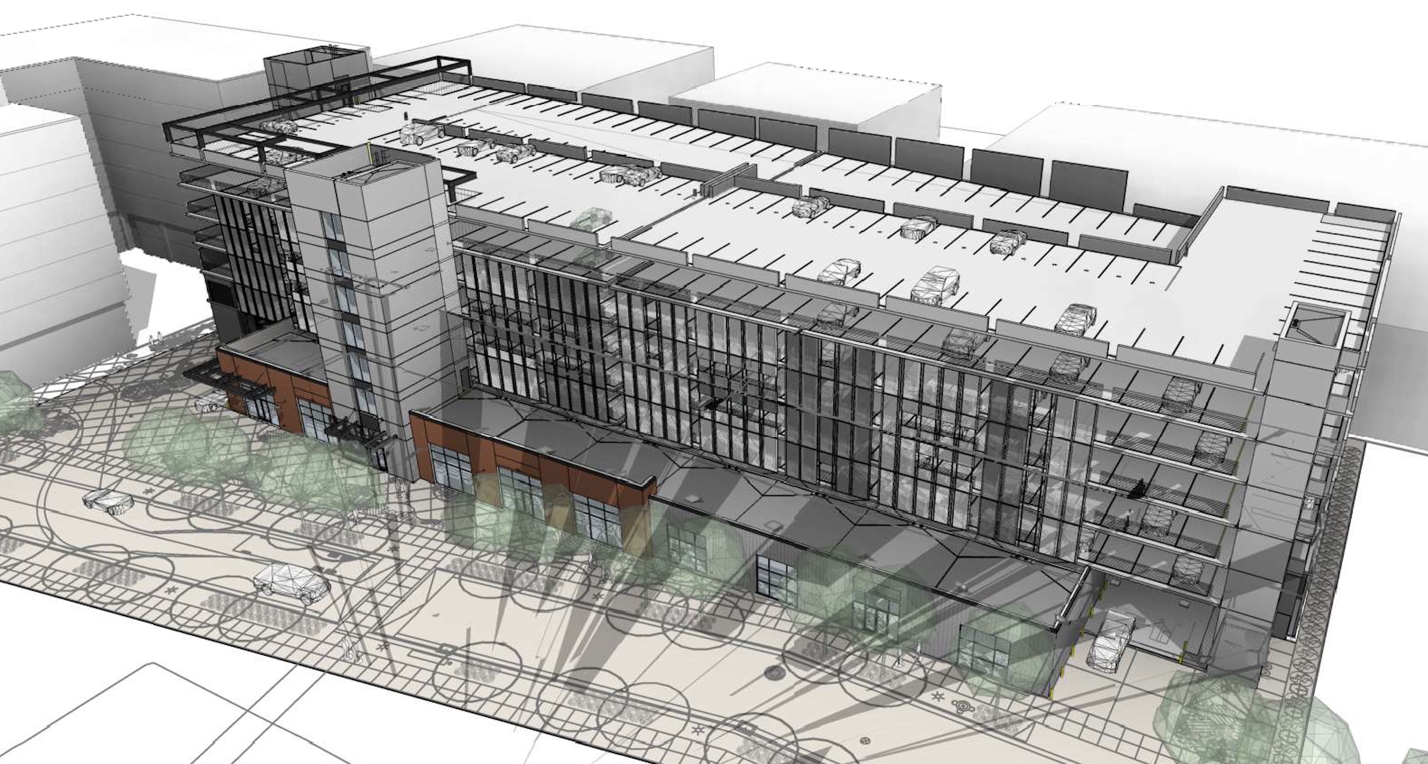 A rendering of the seven-story parking structure to be built in Salt Lake City's Granary District. The structure will add 998 parking stalls and over 12,000 square feet of new business space when it's completed in 2023.