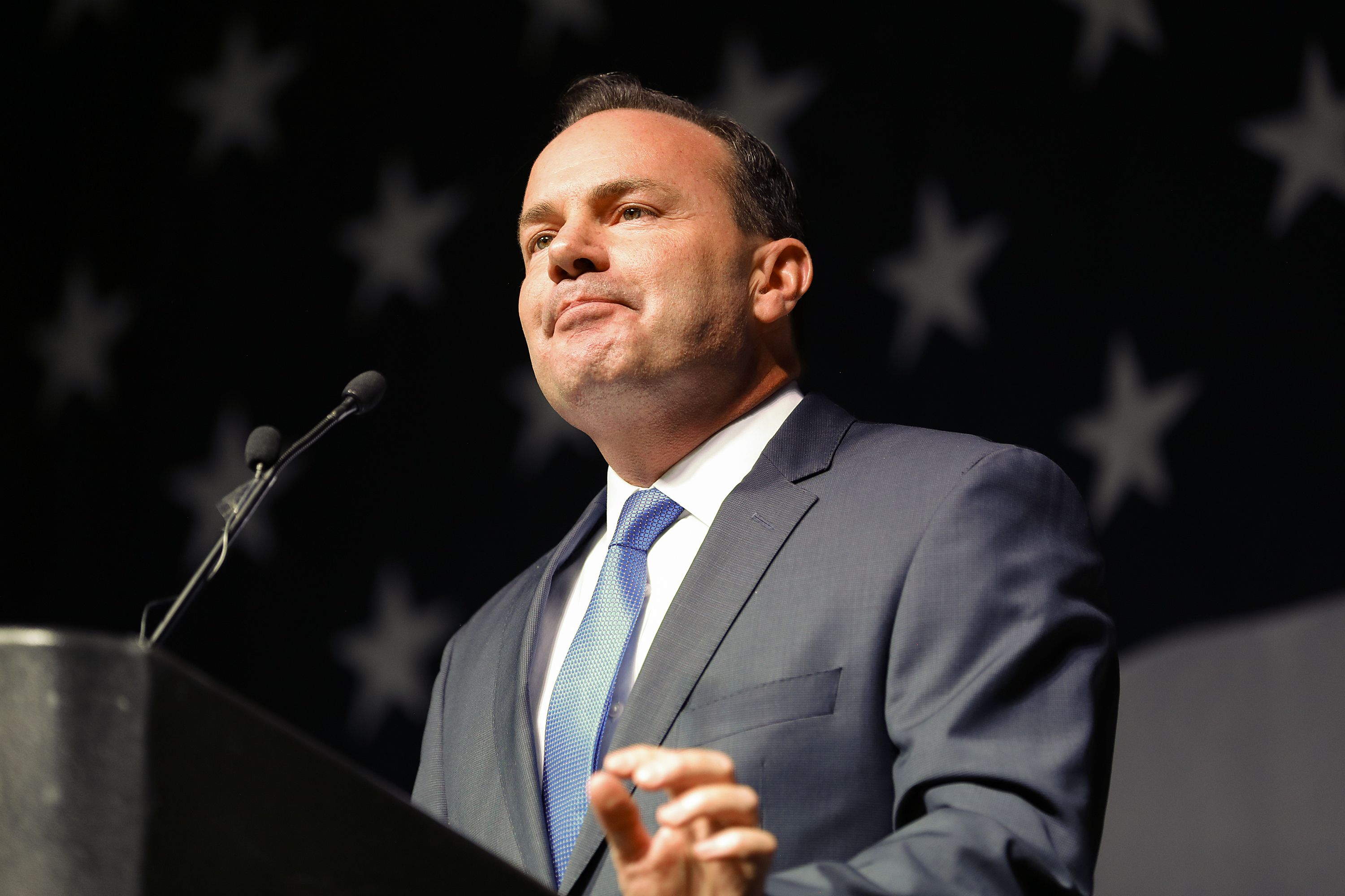 Sen. Mike Lee speaks to delegates at the GOP State Convention in Sandy on April 23. Lee, who has condemned protests outside the homes of Supreme Court justices over the anticipated undoing of Roe v. Wade, encountered similar protests outside his own house as a child.