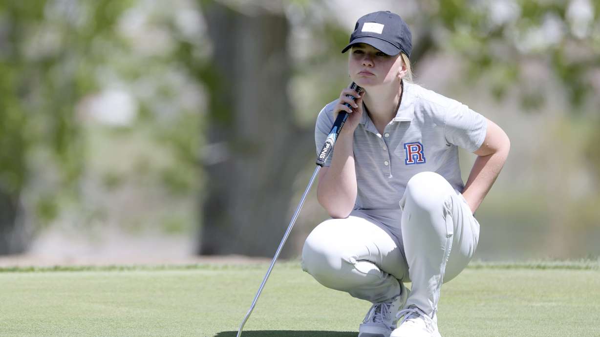 Richfield’s Gwen Stubbs lines up her shot during the second round of the 3A girls golf state tournament at Oquirrh Hills Golf Course in Tooele, on Thursday, May 12, 2022. Stubbs took first place.