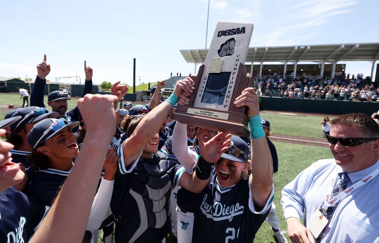 Juan Diego celebrates their win over American Leadership in the 3A State Baseball championship at UVU on Saturday, May 14, 2022. Juan Diego won 8-1.