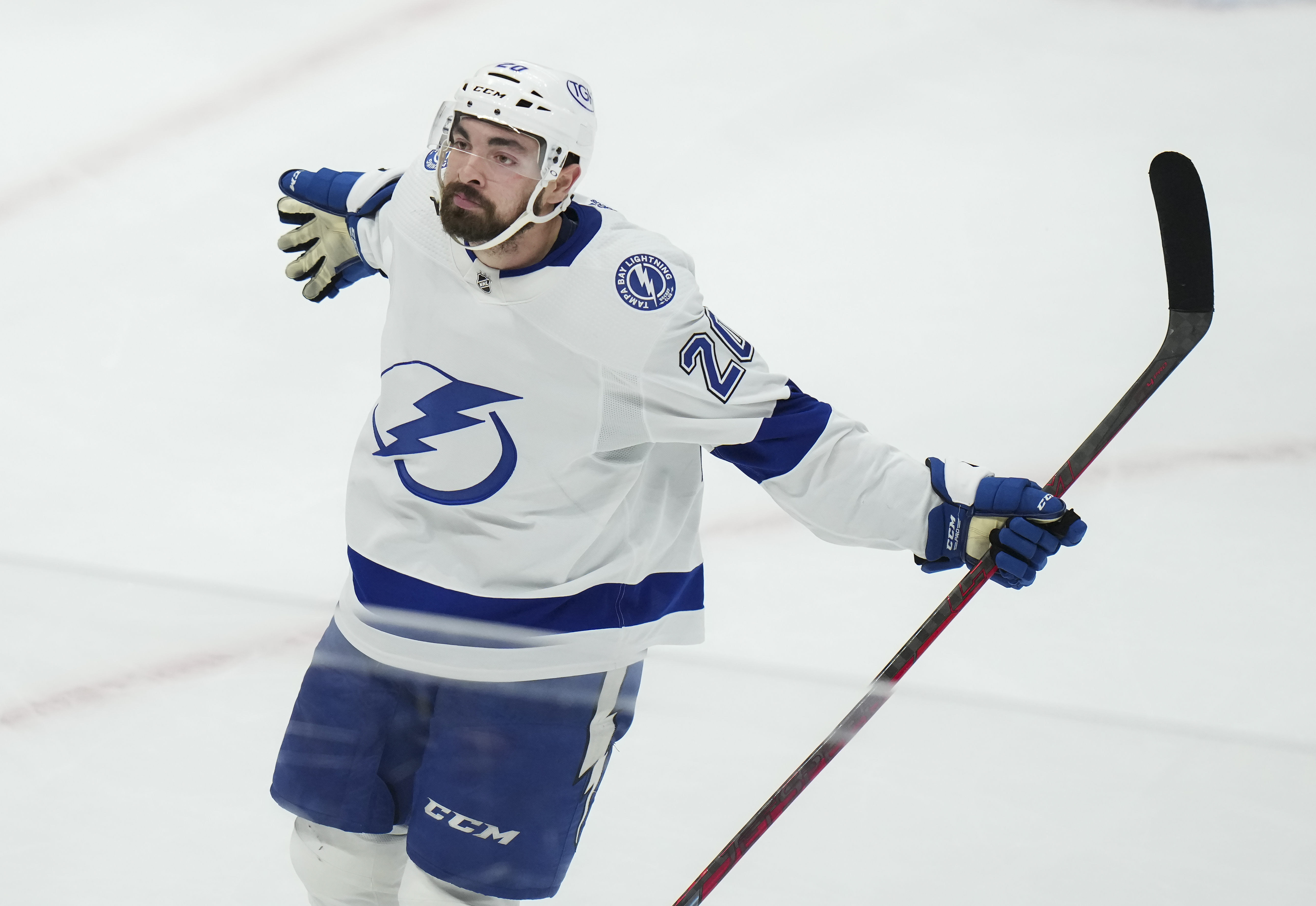 Tampa Bay Lightning forward Nicholas Paul celebrates his second goal of the night against the Toronto Maple Leafs, during the second period in Game 7 of a first-round series in the NHL hockey Stanley Cup playoffs Saturday, May 14, 2022, in Toronto. 