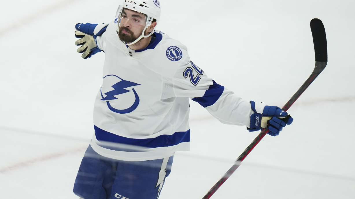 Tampa Bay Lightning forward Nicholas Paul celebrates his second goal of the night against the Toronto Maple Leafs, during the second period in Game 7 of a first-round series in the NHL hockey Stanley Cup playoffs Saturday, May 14, 2022, in Toronto.