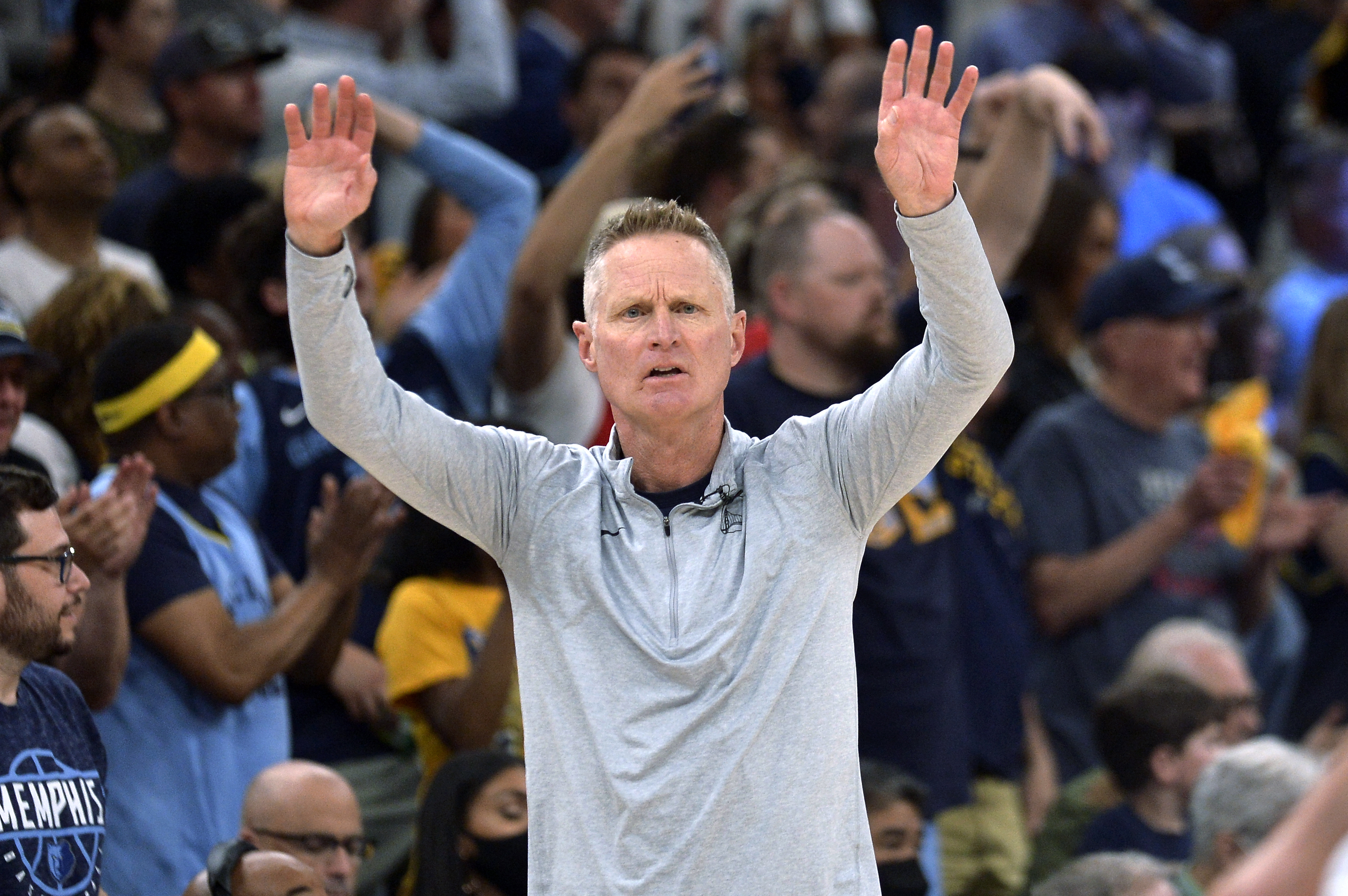 Golden State Warriors coach Steve Kerr gestures to players during the first half of Game 2 of the team's second-round NBA basketball playoff series against the Memphis Grizzlies on Tuesday, May 3, 2022, in Memphis, Tenn. 