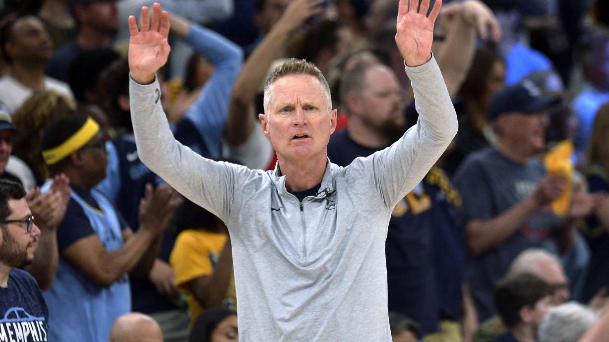 Golden State Warriors coach Steve Kerr gestures to players during the first half of Game 2 of the team's second-round NBA basketball playoff series against the Memphis Grizzlies on Tuesday, May 3, 2022, in Memphis, Tenn.