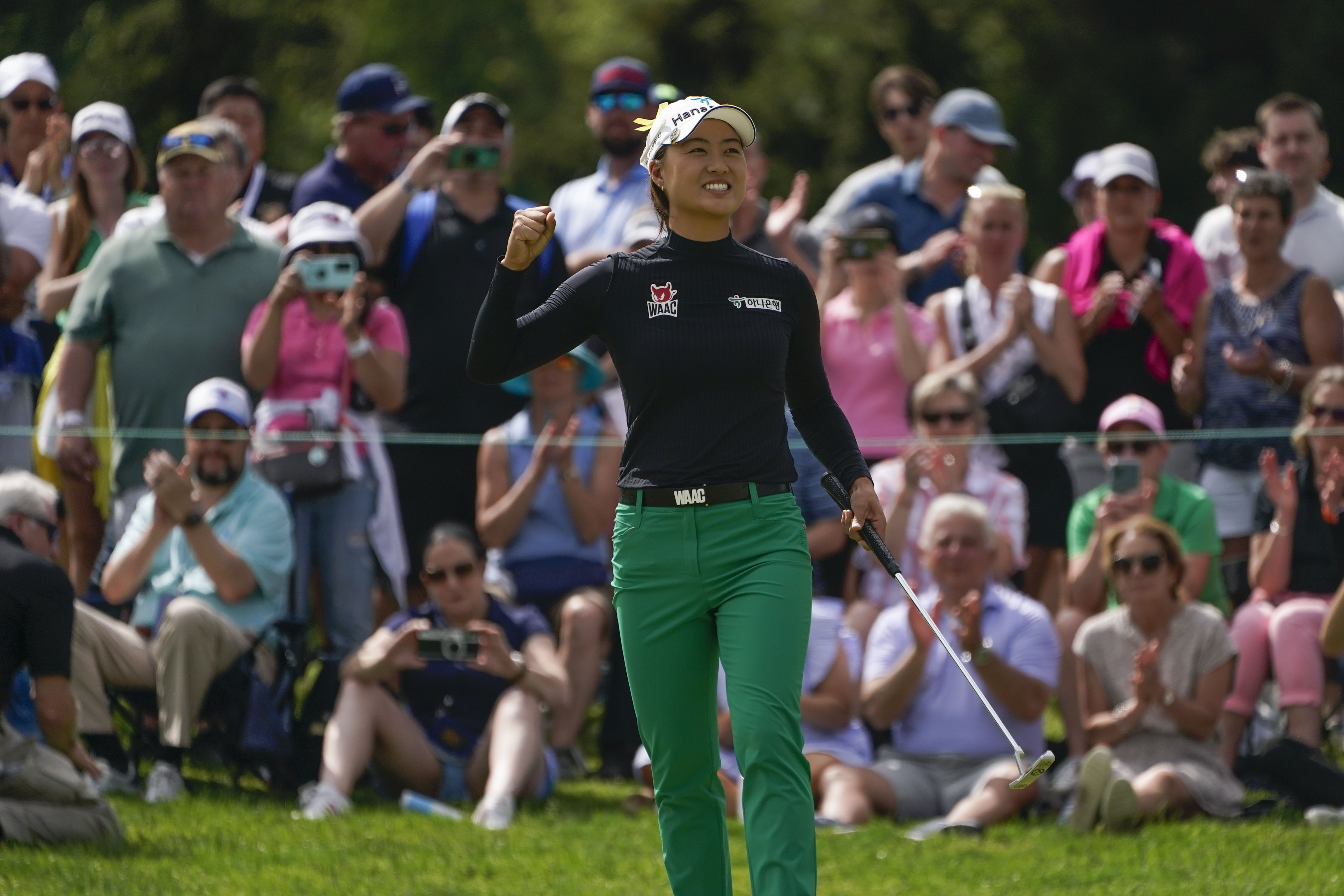 Minjee Lee, of Australia, reacts as she sinks her final put and wins the LPGA Cognizant Founders Cup golf tournament, Sunday, May 15, 2022, in Clifton, N.J. 