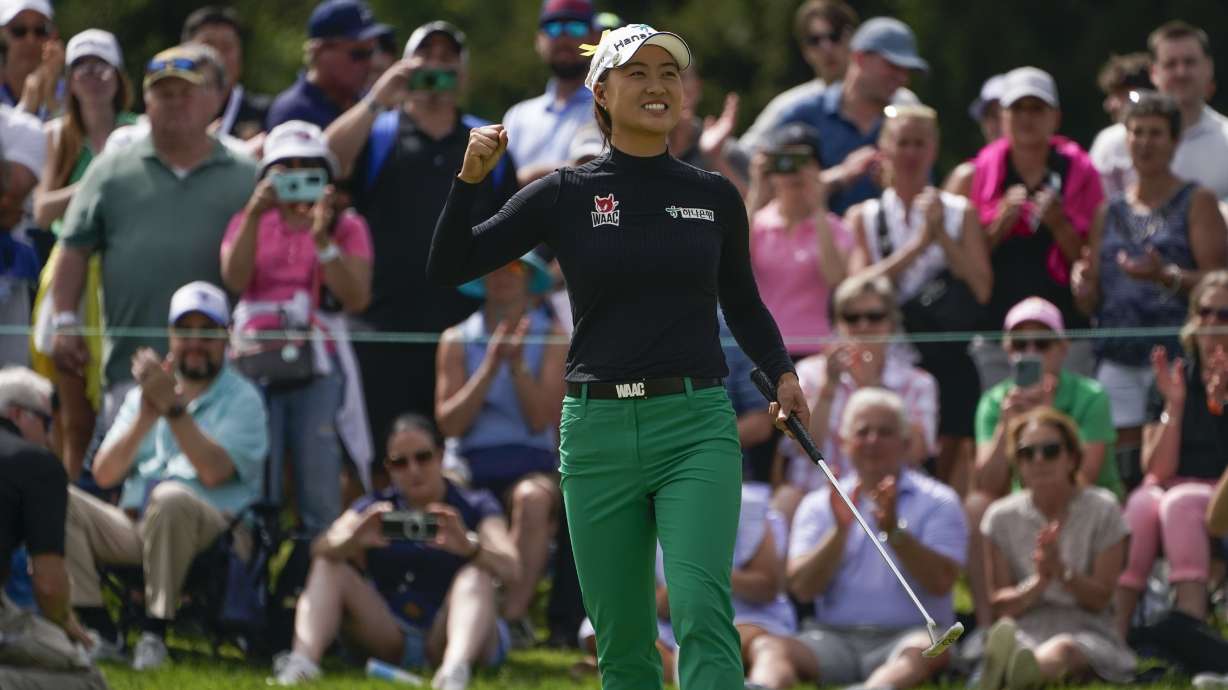 Minjee Lee, of Australia, reacts as she sinks her final put and wins the LPGA Cognizant Founders Cup golf tournament, Sunday, May 15, 2022, in Clifton, N.J.