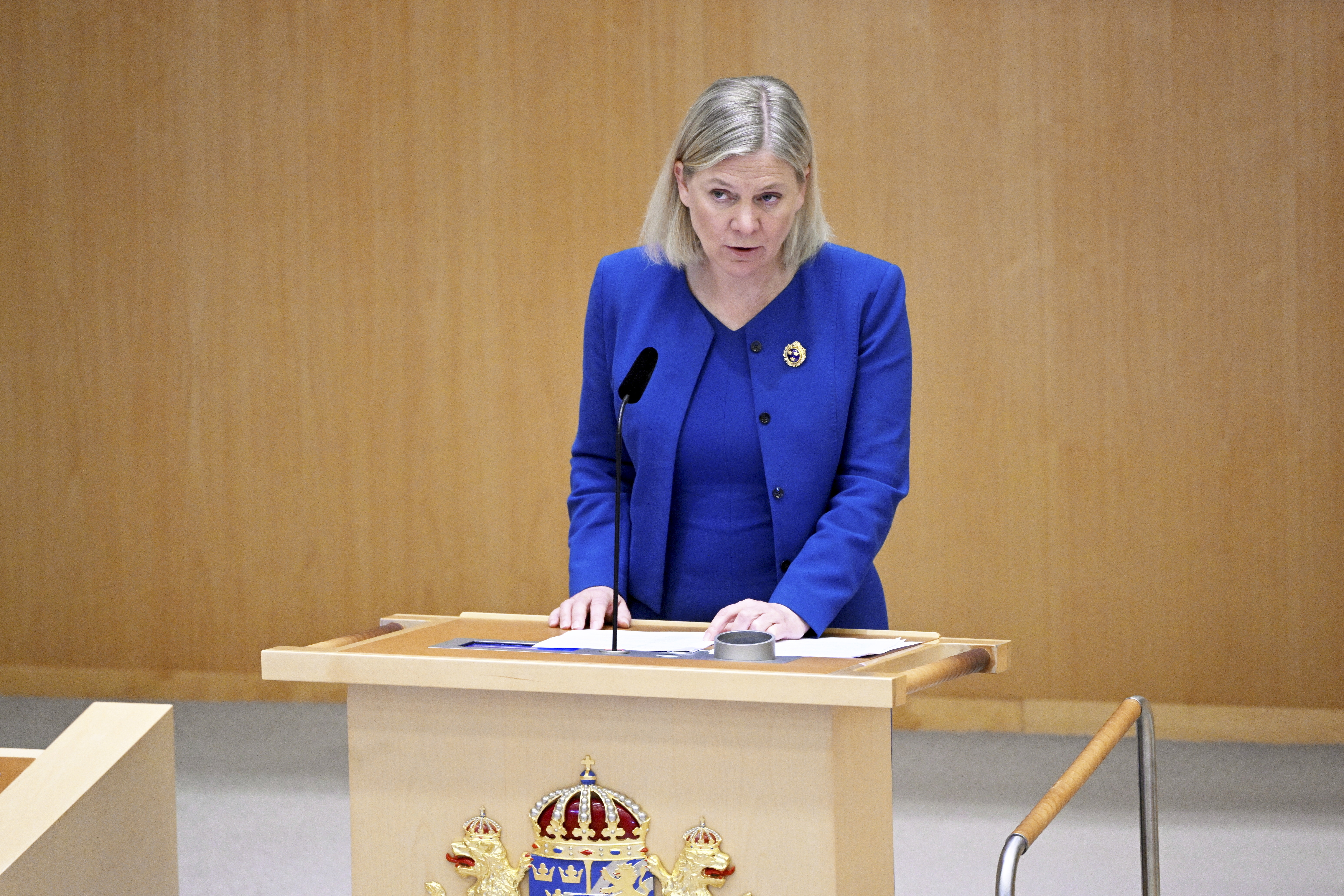 Prime Minister Magdalena Andersson talks during the parliamentary debate on the Swedish application for NATO membership, in Stockholm, Monday. Sweden's lawmakers debate about applying for NATO membership, paving the way for a historic expansion of the alliance that could deal a serious blow to Russia.