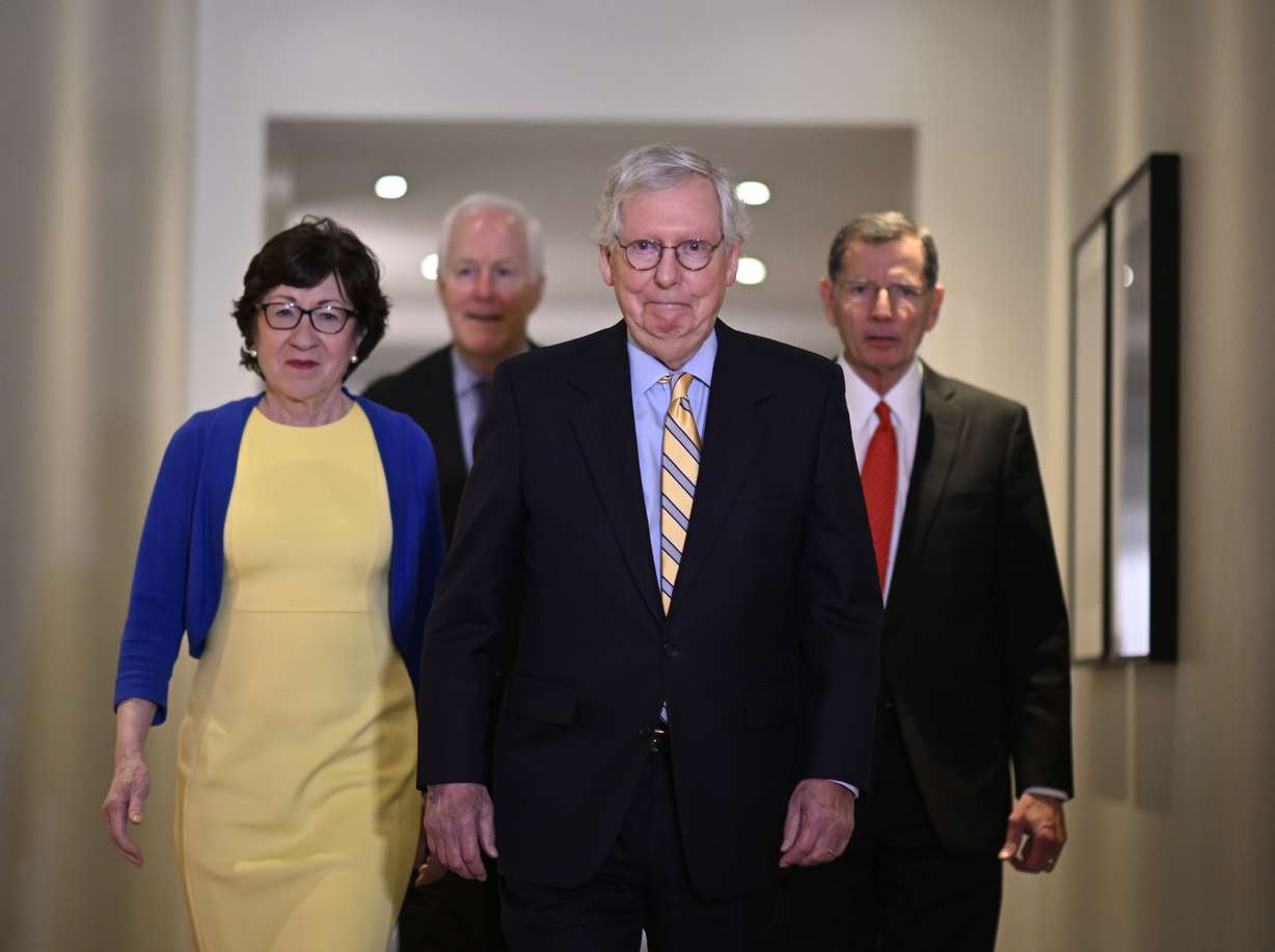 U.S. Republican Sens. Mitch McConnell, center, and from left, Susan Collins, John Cornyn and John Barrasso prepare to meet with Swedish media at the Grand Hotel in Stockholm after a meeting with Swedish Prime Minister Magdalena Andersson and Minister of Defense Peter Hultqvist on Sunday.