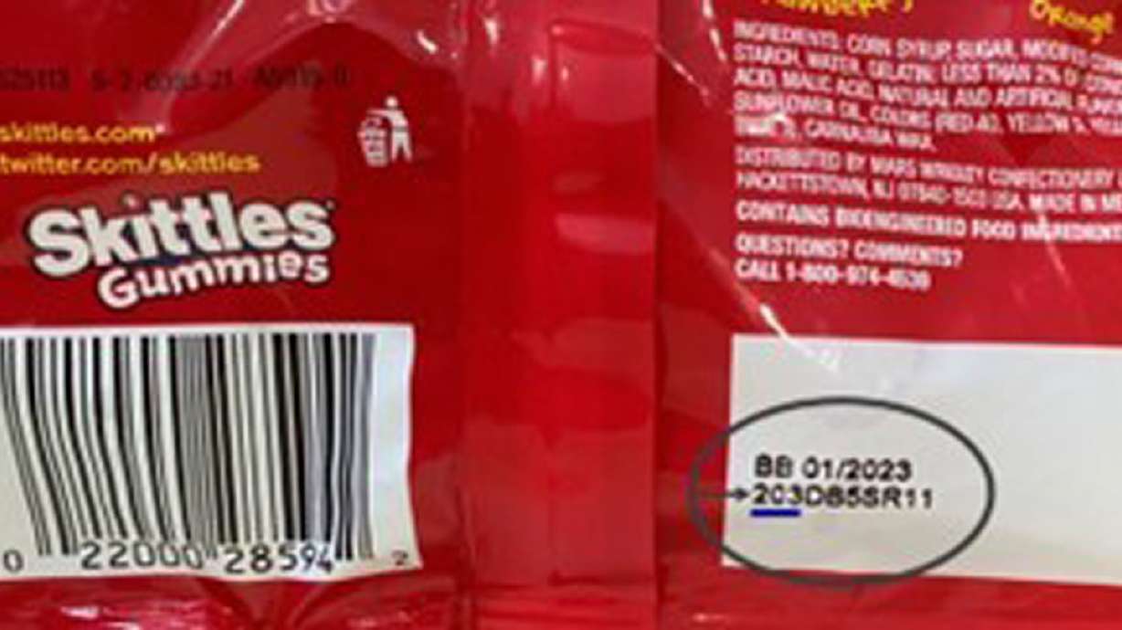 On the back of the Skittles package is a 10-digit manufacturing code; the first three digits in this code will indicate product implicated in a voluntary recall.