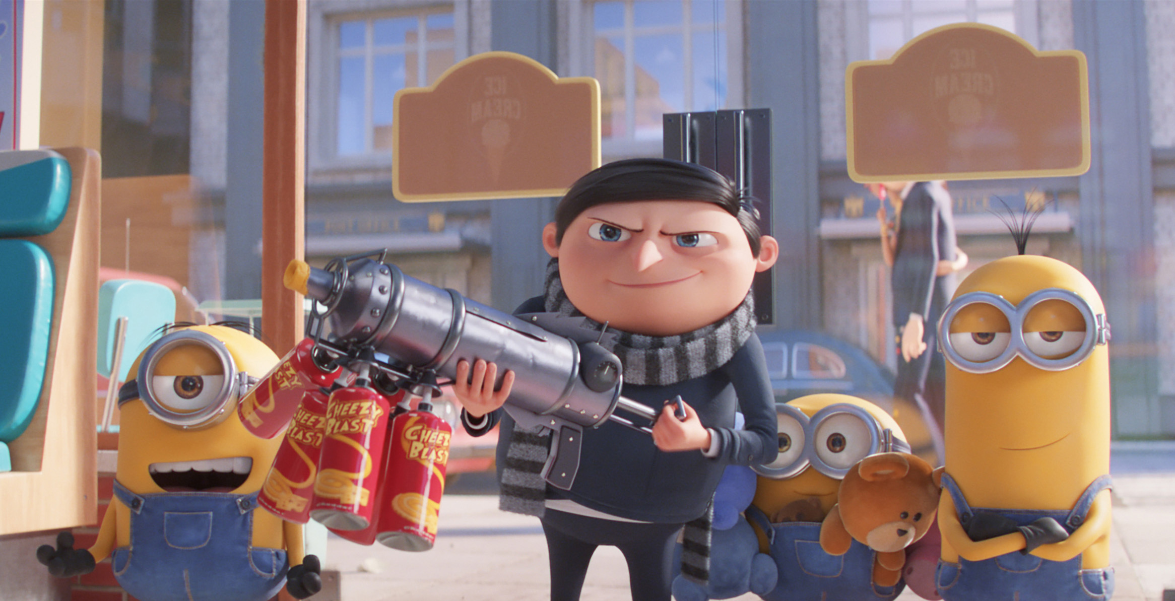 This image released by Universal Pictures shows characters, from left, Stuart, Gru, voiced by Steve Carell, Bob and Kevin in a scene from "Minions: The Rise of Gru."