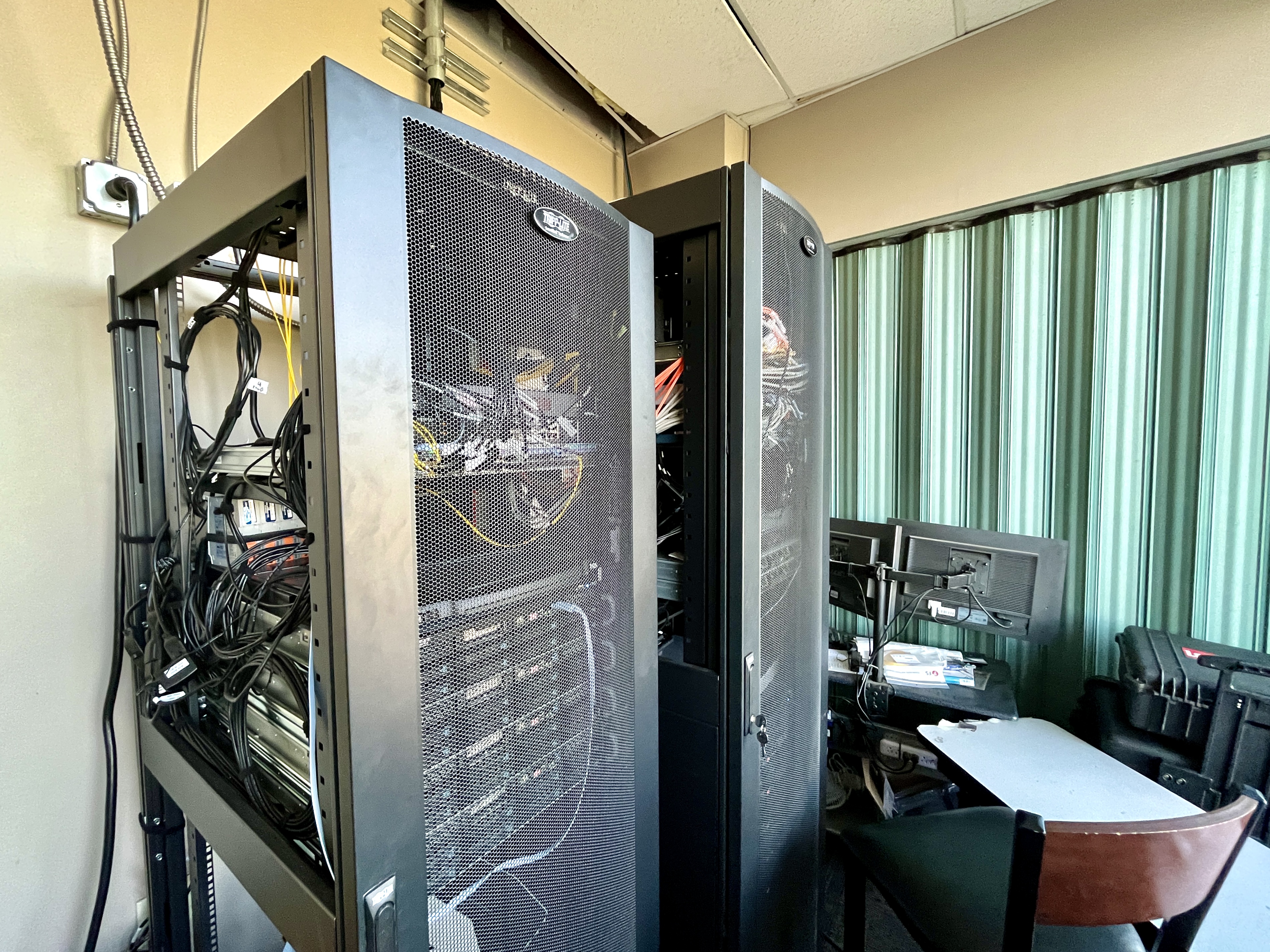 A photo of the Hawk-Eye Innovations servers that are used to collect information from cameras set up all over Smith's Ballpark. These servers will help determine balls and strikes at Bees games beginning Tuesday.