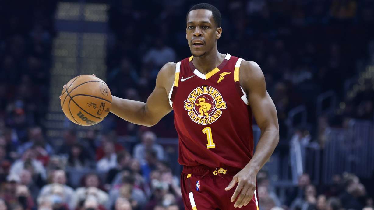 FILE - Cleveland Cavaliers' Rajon Rondo (1) plays against the San Antonio Spurs during the first half of an NBA basketball game, Wednesday, Feb. 9, 2022, in Cleveland. A Louisville woman has filed for an emergency protective order against Rondo and alleges the former Kentucky star brandished a gun and threatened her life.
