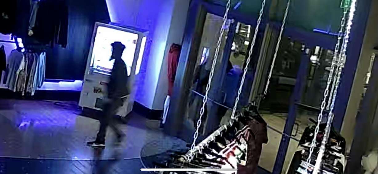 Austin Tate says a surveillance camera captured two burglars breaking the glass front door and entering Eastside Hype at City Creek Center on May 1, 2022.