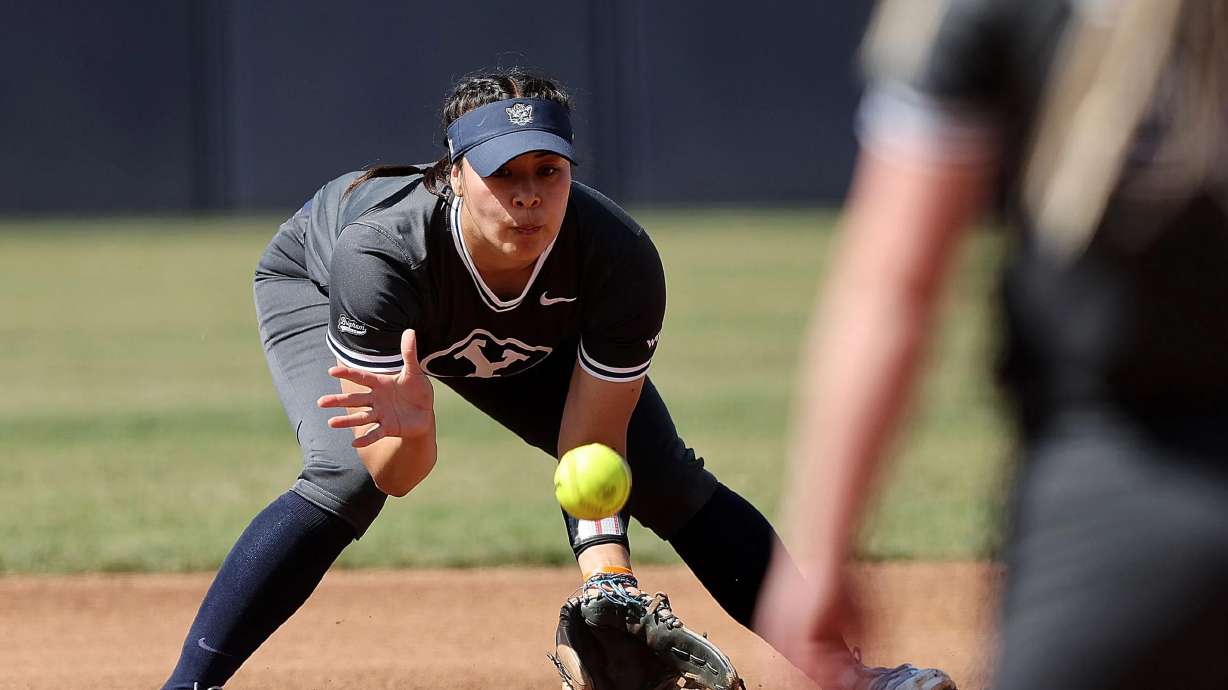 BYU’s Marissa Chavez fields a ground ball during game against Iowa State in Provo on Saturday, March 26, 2022. BYU won 11-7.