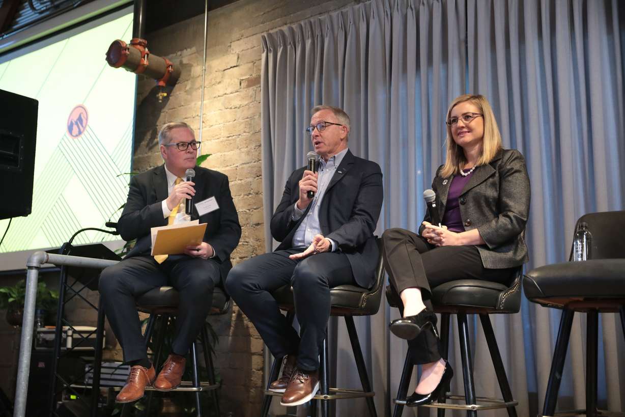 Doug Wilks, executive editor of the Deseret News, left, hosts a panel discussion on water in the West with John Giles, center, mayor of Mesa, Arizona, and Phoenix Mayor Kate Gallego, right, in Tempe, Arizona, on Tuesday, May 17, 2022. The two mayors opened the event hosted by the Deseret News to “Elevate” the conversation and convene thought leaders and decision makers in Tempe, Arizona. Tuesday focused on water use and the drought with an eye on successful stewardship of natural resources.
