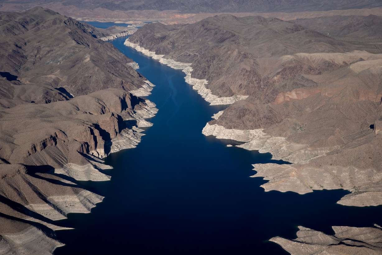 Virgin Canyon in the Lake Mead National Recreation Area on the Arizona-Nevada border is pictured on May 11, 2021. A high-water mark or bathtub ring is visible on the shoreline. Lake Mead is down 152 vertical feet.