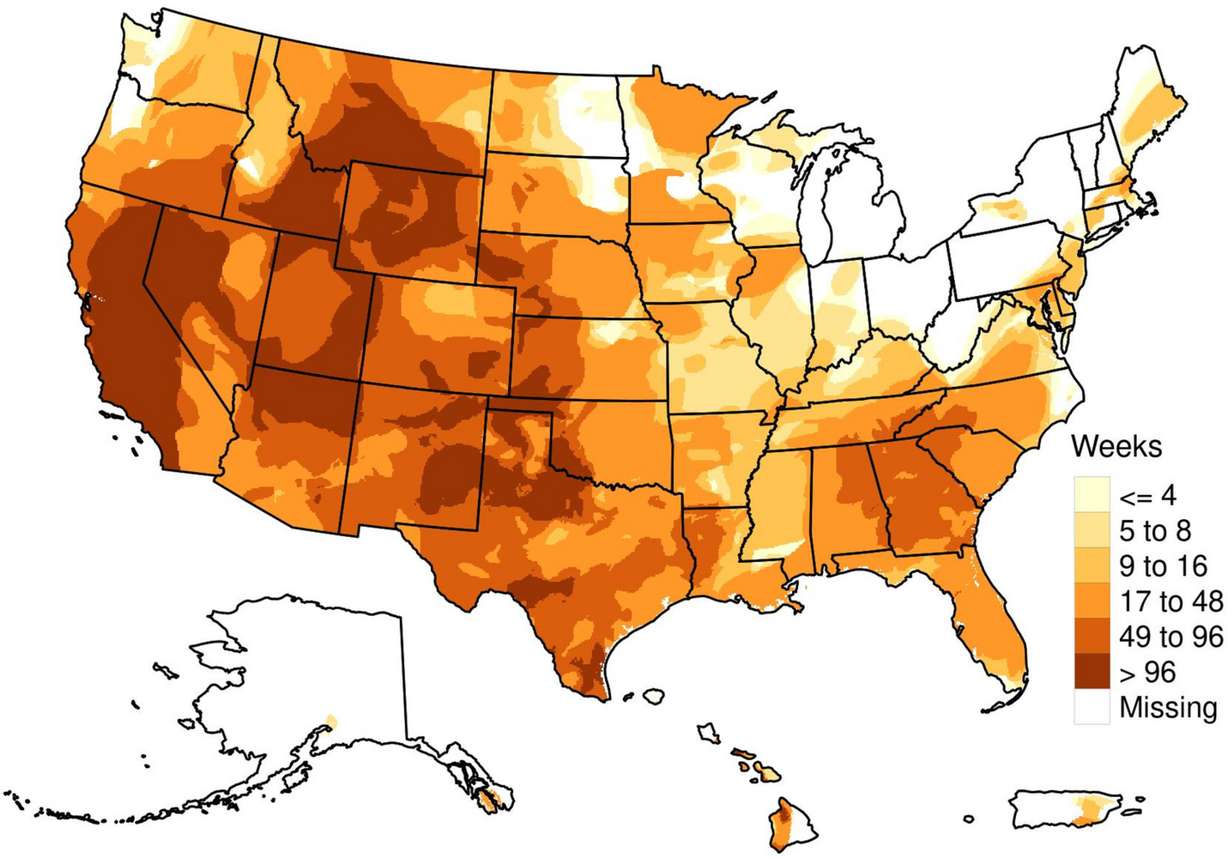 This map shows total length of extreme or worse droughts in the U.S. between 2000 and 2019. The West has dealt with more severe droughts than the rest of the country.