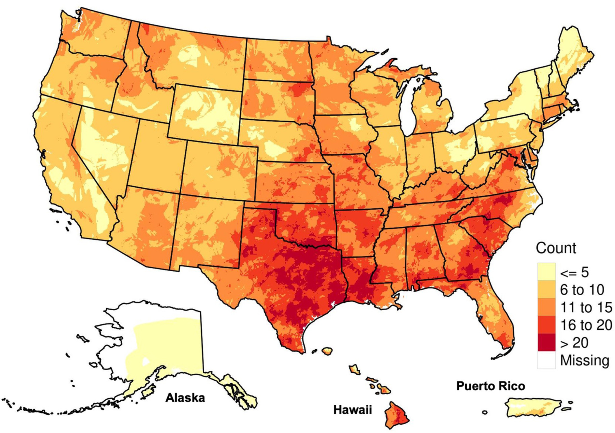 This map shows total number of drought events in the U.S. between 2000 and 2019. The West had fewer drought events than other parts of the nation, but the length of every event was longer.