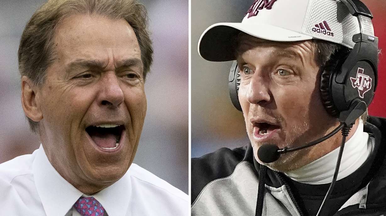 At left, Alabama head coach Nick Saban yells to the sideline during the first half of Alabama's NCAA college football scrimmage, Saturday, April 16, 2022, in Tuscaloosa, Ala. At right, Texas A&M coach Jimbo Fisher reacts to an official's call during the second half of the team's NCAA college football game against Mississippi, Saturday, Nov. 13, 2021, in Oxford, Miss.