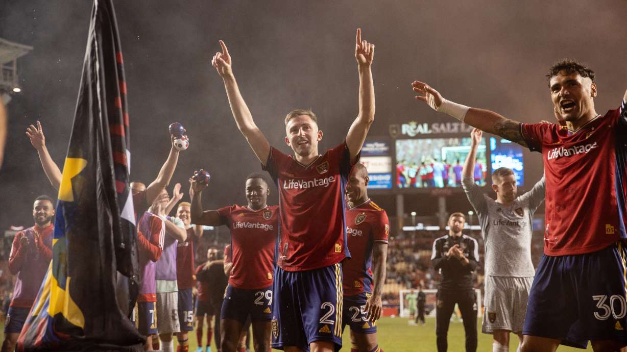 Real Salt Lake celebrates its victory against Austin FC at Rio Tinto Stadium on May 14, with match-winner Andrew Brody in the center.